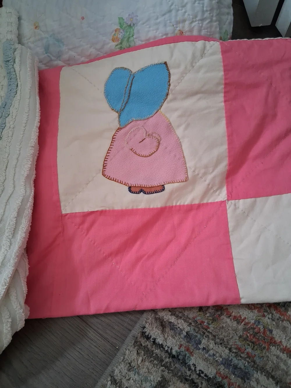 Huge Vintage Crib Quilt/ Blanket/ Bedspread Lot Chenille, Sunbonnet, Care Bear..